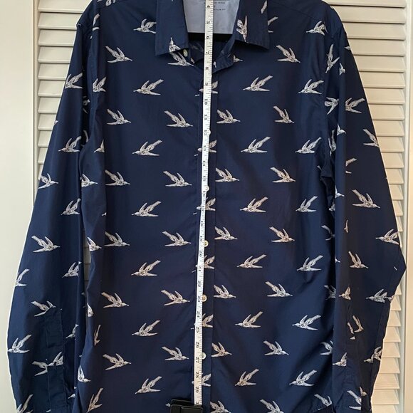 Banana Republic Poplin Shirt, Dark Blue Bird Print, Size L - Picture 3 of 4